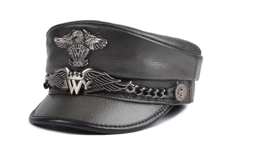 Unisex German Military Cap Man Genuine Leather Flat Top Hat Korean Fashion Eagle Mark Chain Punk Locomotive Casquette Male