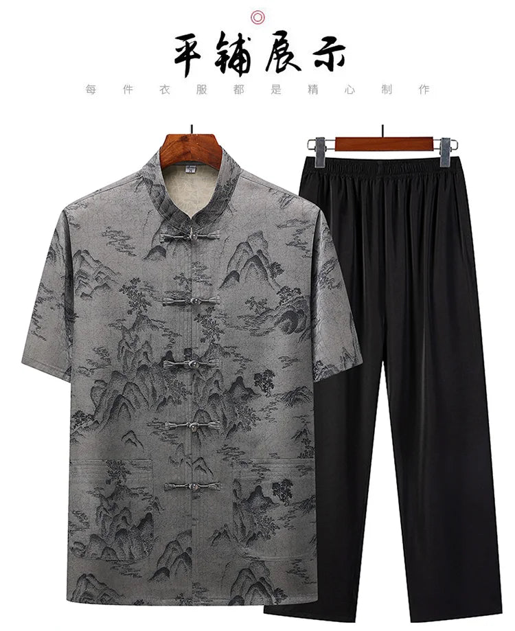 (Shirt + trousers) 2025 summer new fashion men shirt short sleeve shirts mens sets High quality shirts male Two Piece M-4XL