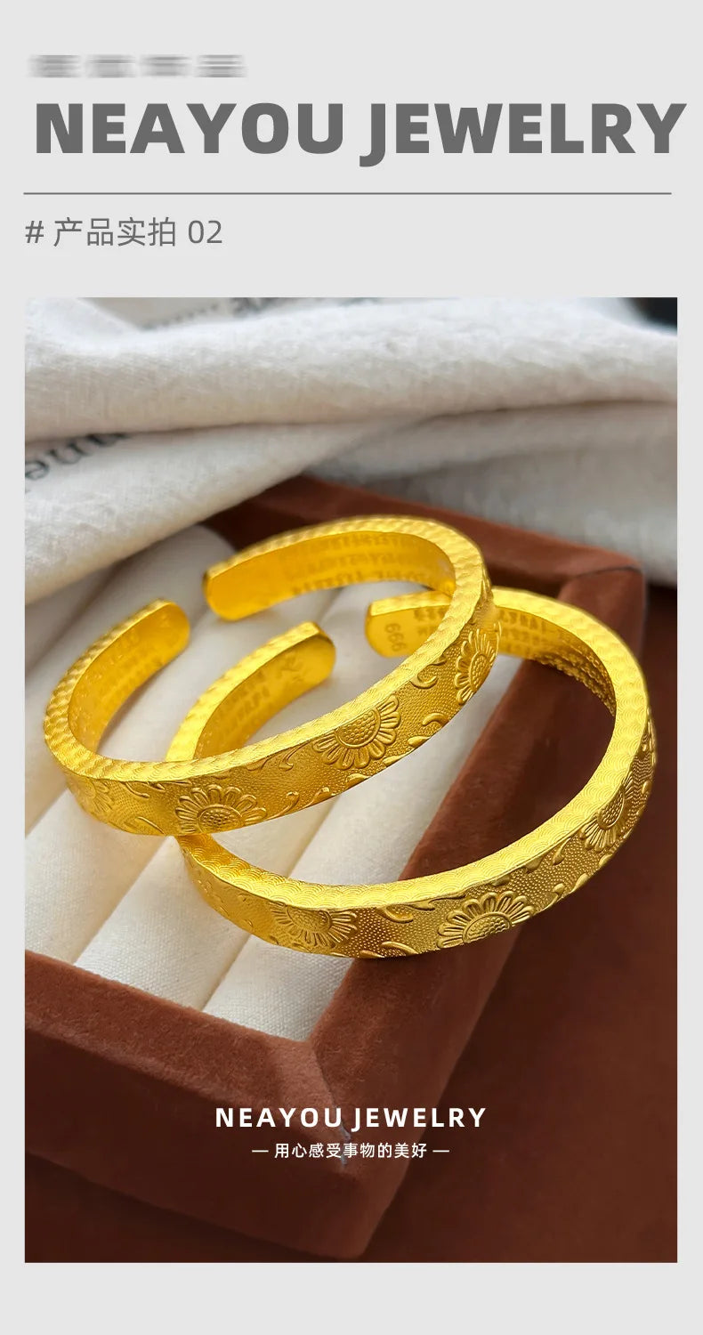 Real 9999 24k Gold Design Is Thickened and Wide, Facing the Sunflower and Engraved with the Heart Sutra, Open Bracelet Bracelet.