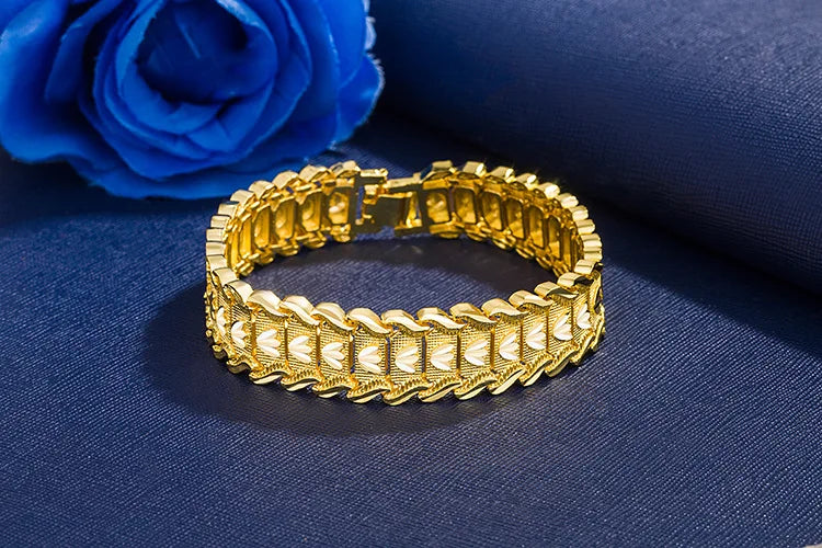 SAIYE 21cm Retro Fashion European Coin Gold Plated Jewelry 24K Gold Men Wide Bracelet Watch Chain Wholesale