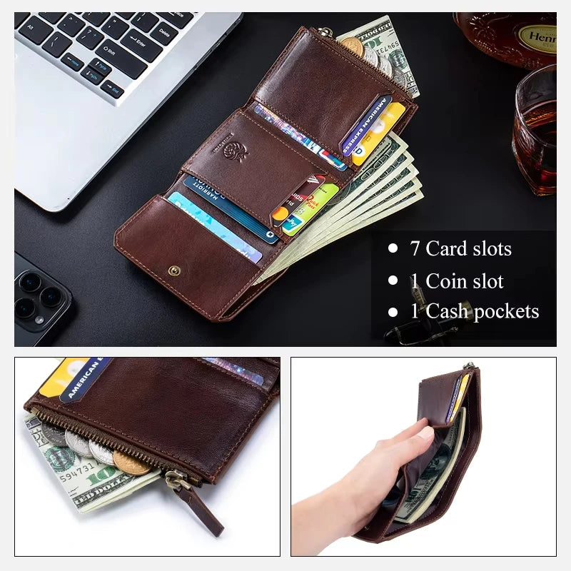 Genuine Leather Wallet For Men RFID Protection High Quality Trifold Short Purse With Coin Pocket Credit Card Slots