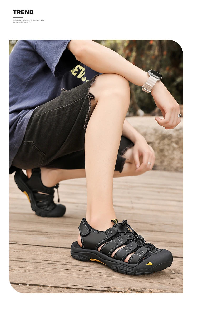 Men's Sport Sandals Outdoor Hiking Sandals Closed Toe Leather Fashion All-match Light Trail Walking Casual Sandals Water Shoes