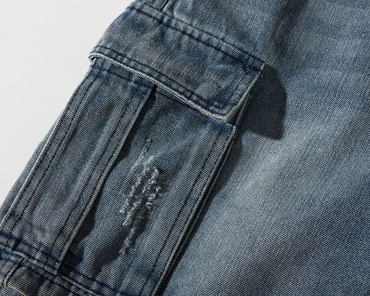 Shorts for denim men's tooling, cat's whiskers, straight pants, old retro pants, versatile multi-bag pants.