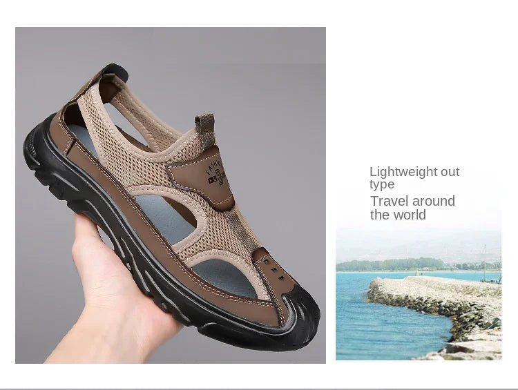 2025 Summer Beach Sandals for Men New Hollow Men's Sandals Outdoor Breathable Mens Bag Head Mesh Casual Shoes Zapatillas Hombre