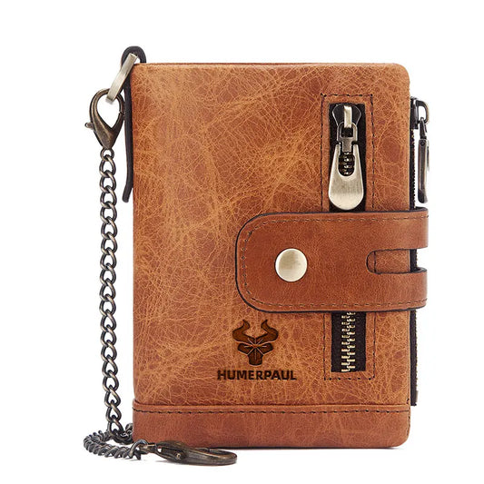 LAREET Fashion Genuine Leather Wallet With Cowhide For Men Money Card Holder Purse RFID Short Double Zipper Coin Pocket Bifold