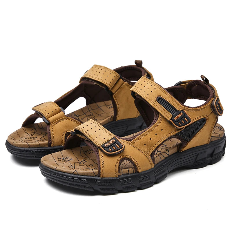 Men's shoes summer plus size shoes hollow soft bottom layer cowhide sandals casual sandals light outdoor beach shoes 38-46