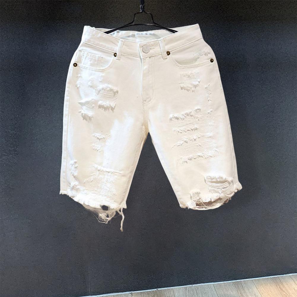White Jeans Shorts Men All-match Fashion Ripped Hole Slim Stretch Shorts Streetwear Hip Hop Denim Shorts for men шорты мужские