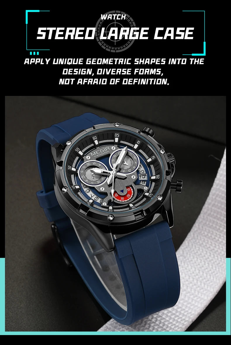 MEGIR New Sport Watches for Men Fashion Chronograph Quartz Wristwatch with Silicone Strap Luminous Hands Calendar Waterproof