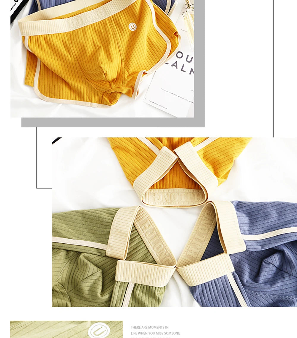 3PCS/Pack 100% Cotton Solid Striped Men's Boxer Sexy Breathable Mesh U Crotch Underwear High Elastic Widen Waistband Underpants