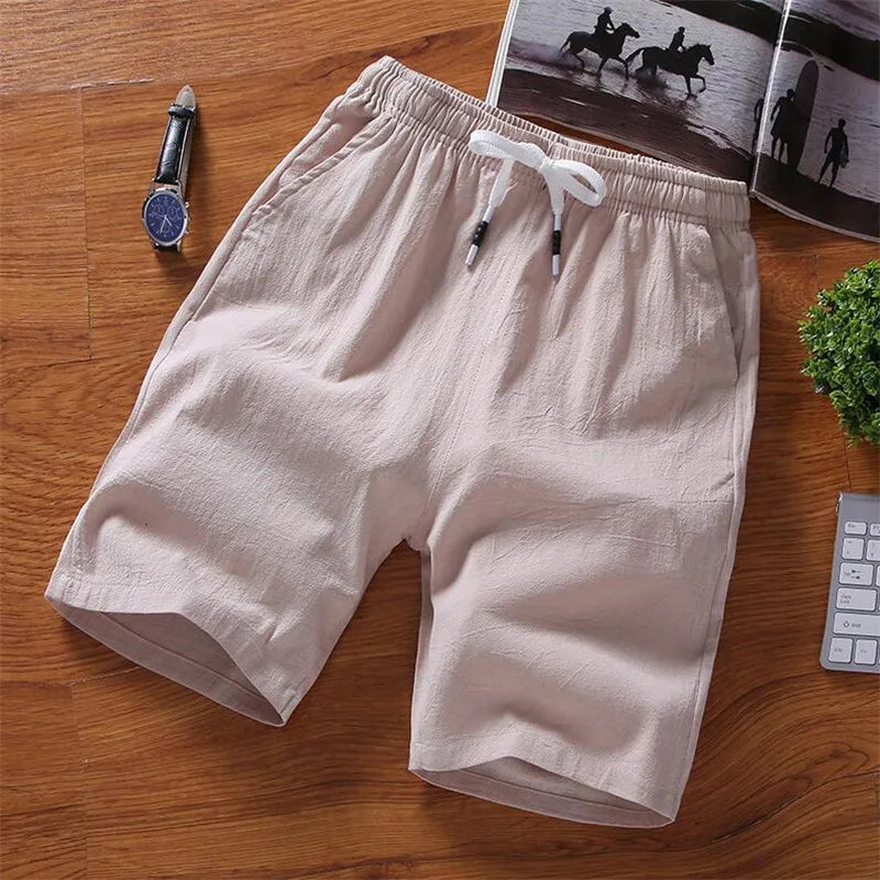 Men Shorts Slim Fit 2025 Summer Cotton Linen Knee Length Breathable Male Clothing Pure Straight Shorts Big Size M-6XL 7XL white