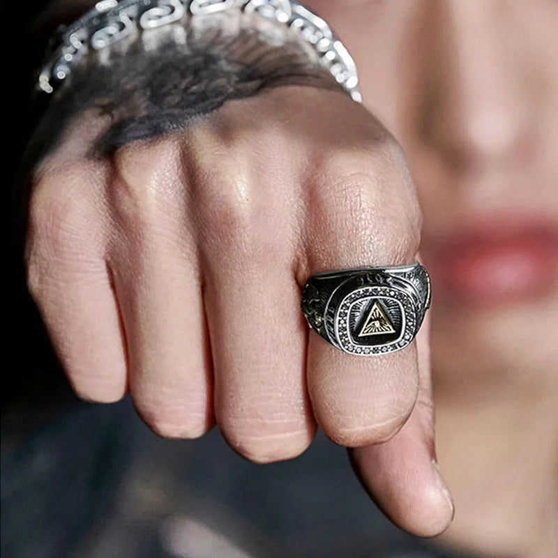 Retro Golden Eye of Providence Large Ring For Men Punk Gothic Open Ring Handmade Jewelry Rock Hiphop Biker Accessories Man Gift