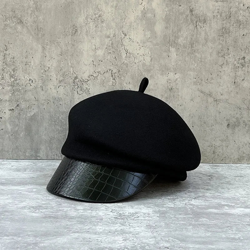Fashion leather brim wool beret women's autumn/winter Korean style newsboy hat British knight hat duck cap Japanese system