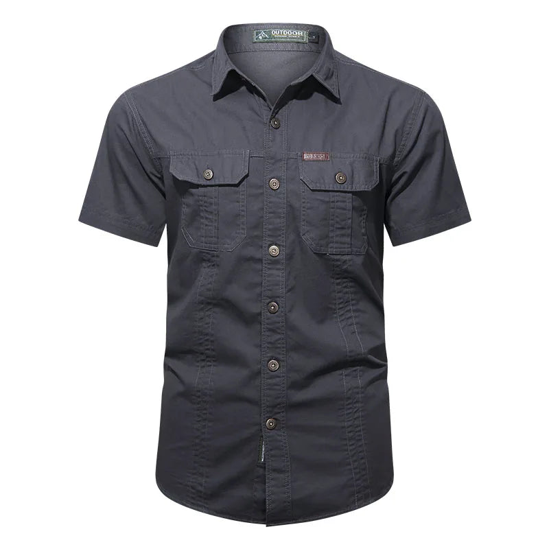 Summer men's thin short sleeved shirts, men's outdoor work clothes, multi bag half sleeved tops, pure cotton washed shirts