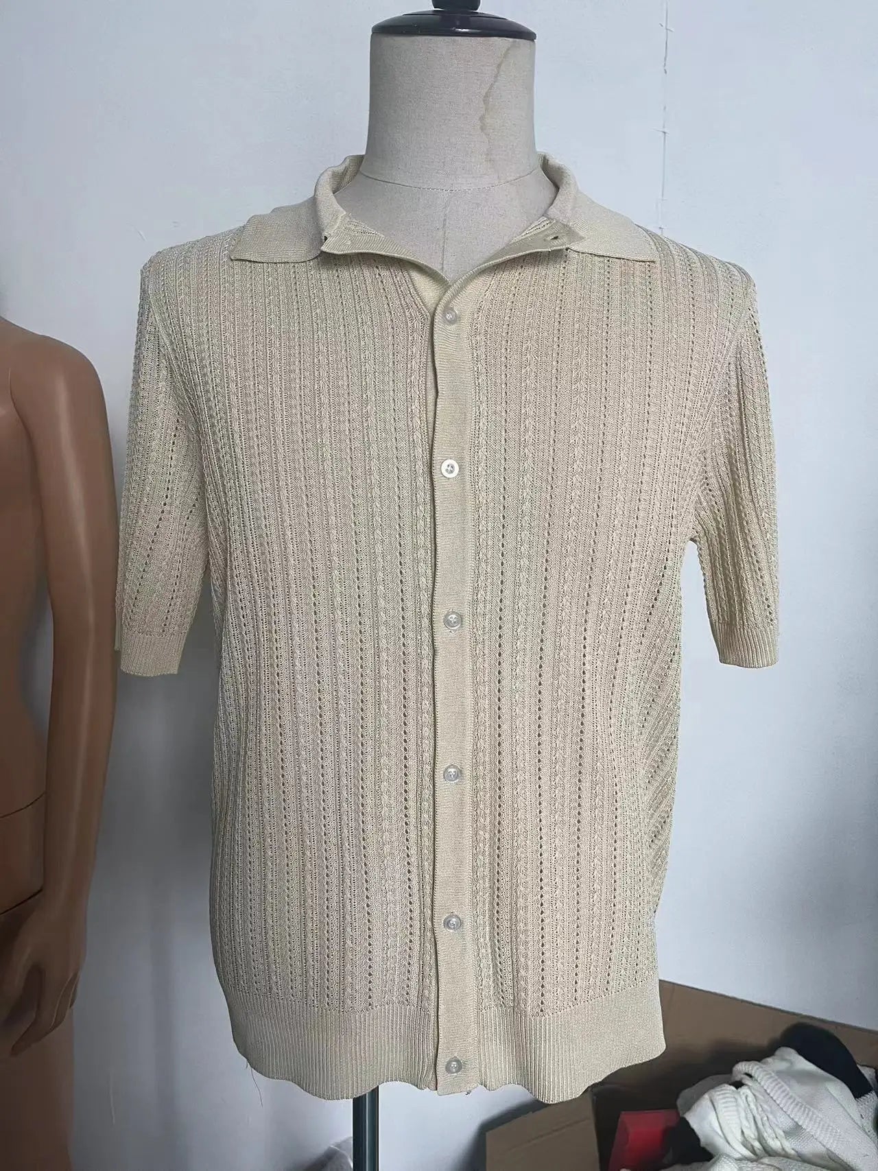 Men Knitted Shirt Short Sleeve Tee Lapel Shirt Male Summer Lapel Cardigan Breathable Single Breasted Knitted Top
