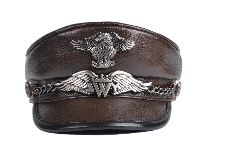 Unisex German Military Cap Man Genuine Leather Flat Top Hat Korean Fashion Eagle Mark Chain Punk Locomotive Casquette Male