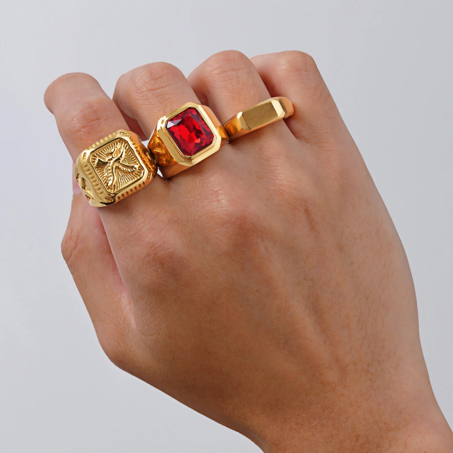 Punk Ethnic Red Stone Ring for Men,Gold Plated Stainless Steel Signet Ring,Square Round Ring Jewelry Gift