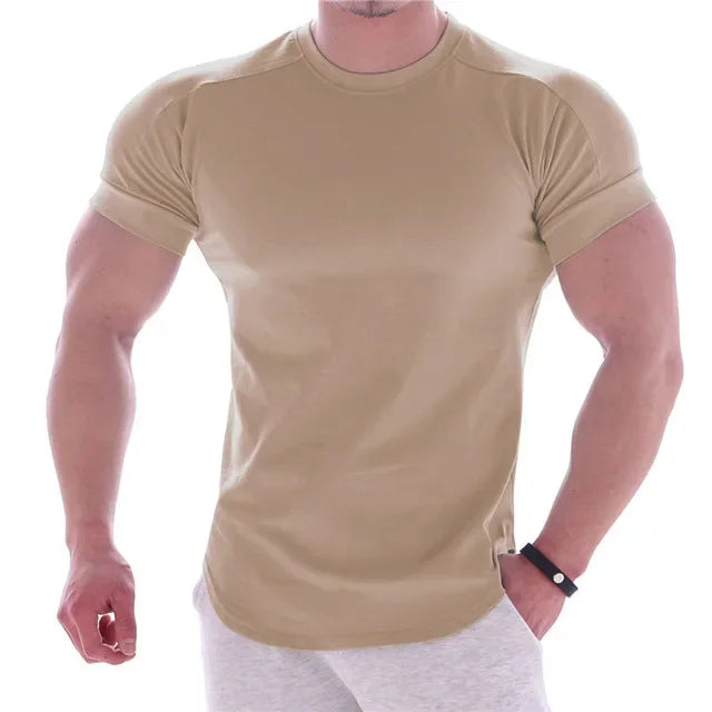 NEW Men Summer T Shirts High Elastic Slim Fit T shirt Men Quick-drying Curved Hem Mens T-Shirts Fitness casual Solid Color tops