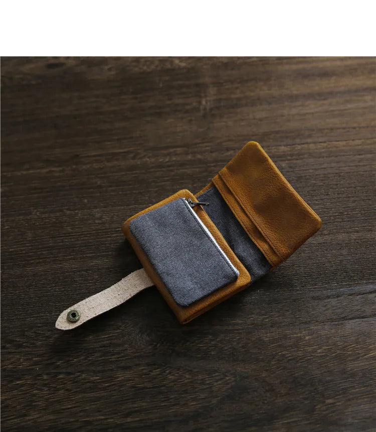 2025 Handmade Wallet Men's Short Leather Triple Fold Money Clip Cowhide Youth Buckle Student Vertical Vegetable Tanned Leather