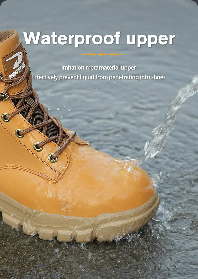 Work Safety Boots for Men, Anti-smash Steel Toe Shoes, Puncture-proof, Indestructible, Waterproof Sneakers Brown Boots