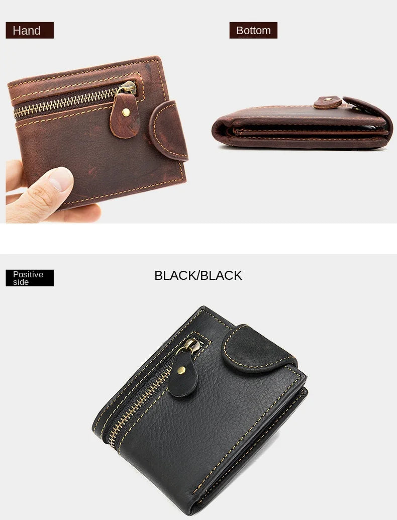 Men's Crazy Horse Leather Short Wallet Genuine Leather Buckle Wallet Vintage Top Layer Cowhide Card Holder Multi-Card  Wallet