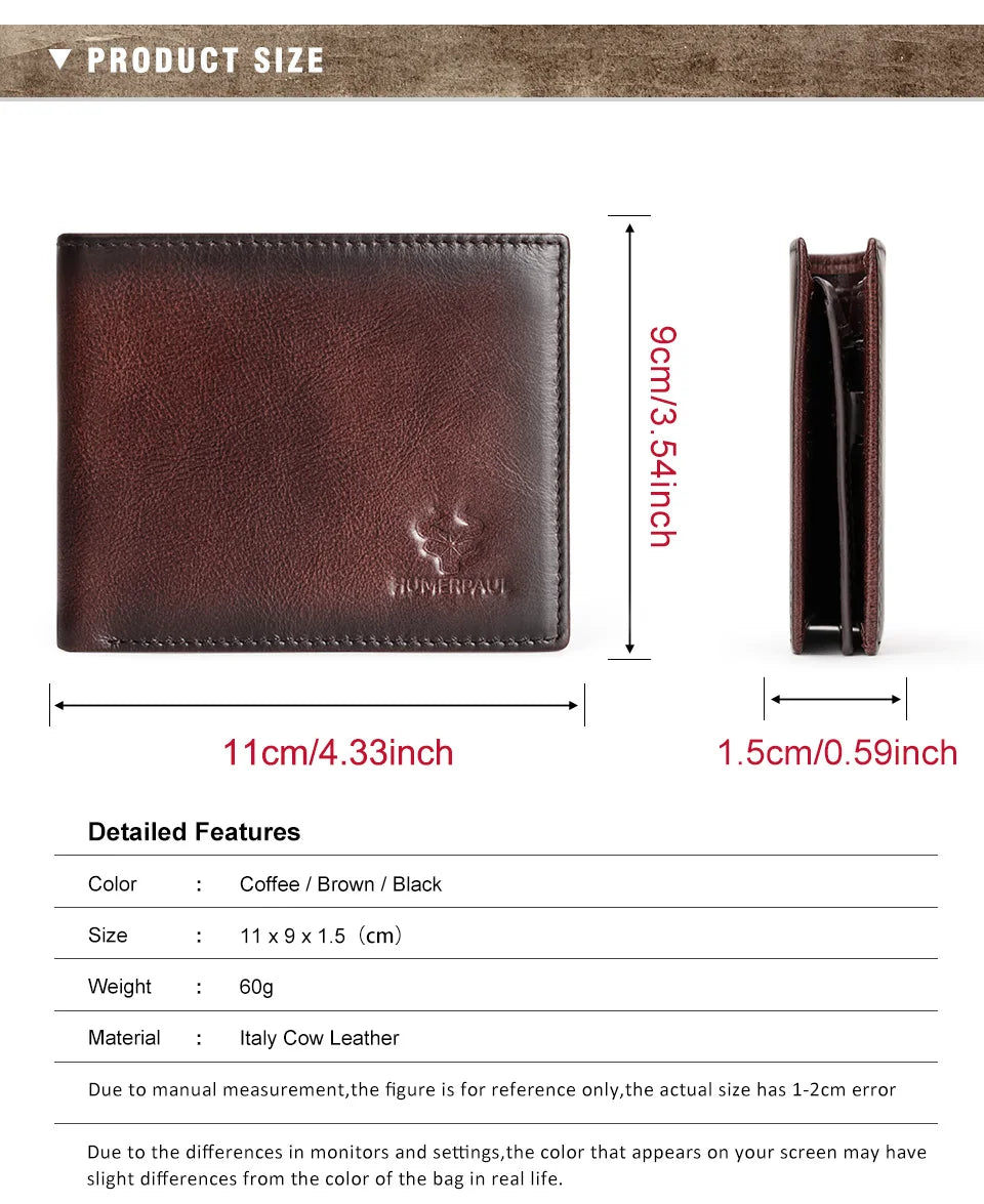 Handmade Wallet for Men Genuine Leather Credit Card Holder Purse with ID Window Short Male High Quality Cartera