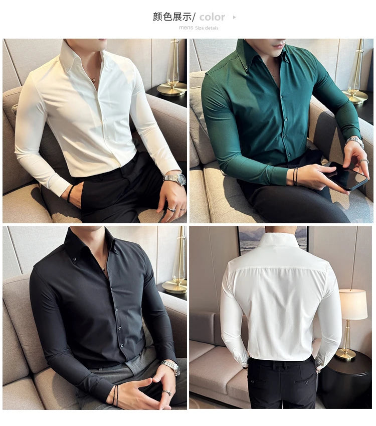 Men Dress Shirt 2025 Autumn British Style Solid Casual Slim Fit Formal Camisas V-neck Long Sleeves Shirt Streetwear Men Clothing