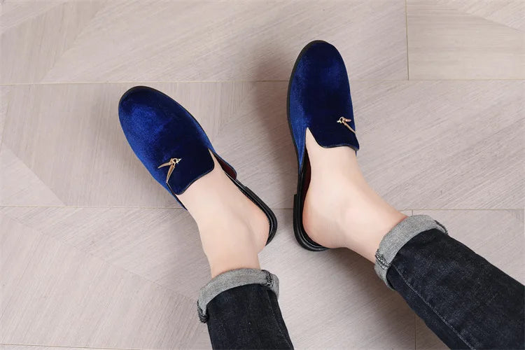Fashion New Men Velvet Tassels Half Slippers Loafer Male Casual Purple Green Blue Black Mules Moccasins Breathable Driving Shoes