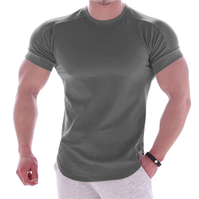 NEW Men Summer T Shirts High Elastic Slim Fit T shirt Men Quick-drying Curved Hem Mens T-Shirts Fitness casual Solid Color tops