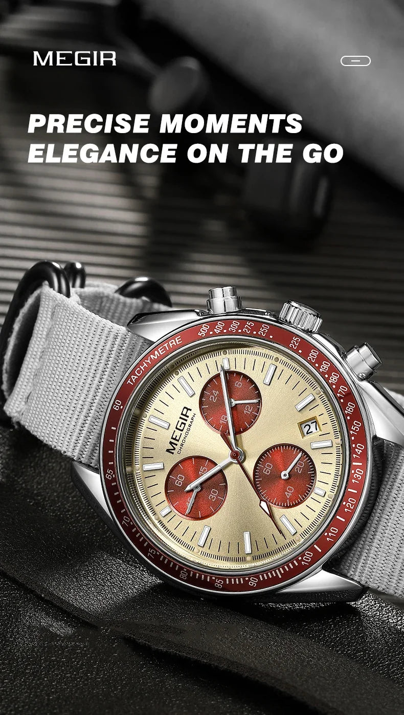 MEGIR New Luxury Men's Watches Canvas Weaving Strap Sport Automatic Chronograph Quartz Waterproof Wristwatch for Male 2247