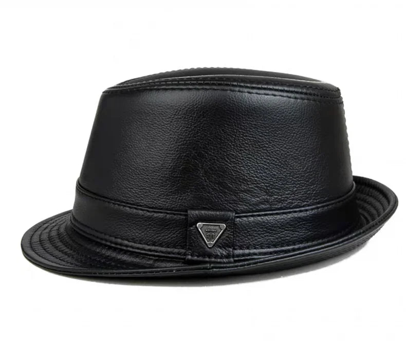 New 2023 Man High Quality Genuine Leather Jazz Fedora Gentleman CowSkin Short Brim Black/Brown Fitted Top Hat Male Shows