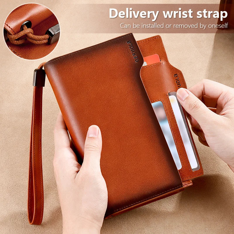 New Men's Genuine Leather Wallet Long Cowhide Handbag Travel Lightweight Minimalist Large Capacity Anti-Theft Gradient Yellow Br