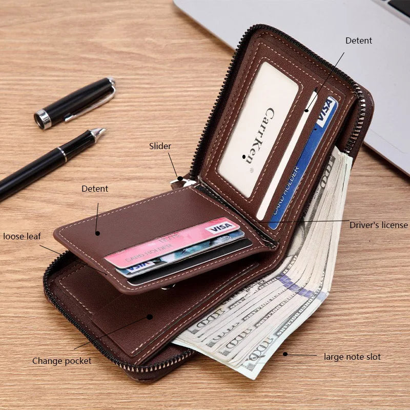 Men’s PU Waxed Oil Leather Wallet – Short Bifold Coin Purse with All-Around Zipper for Cash & Cards
