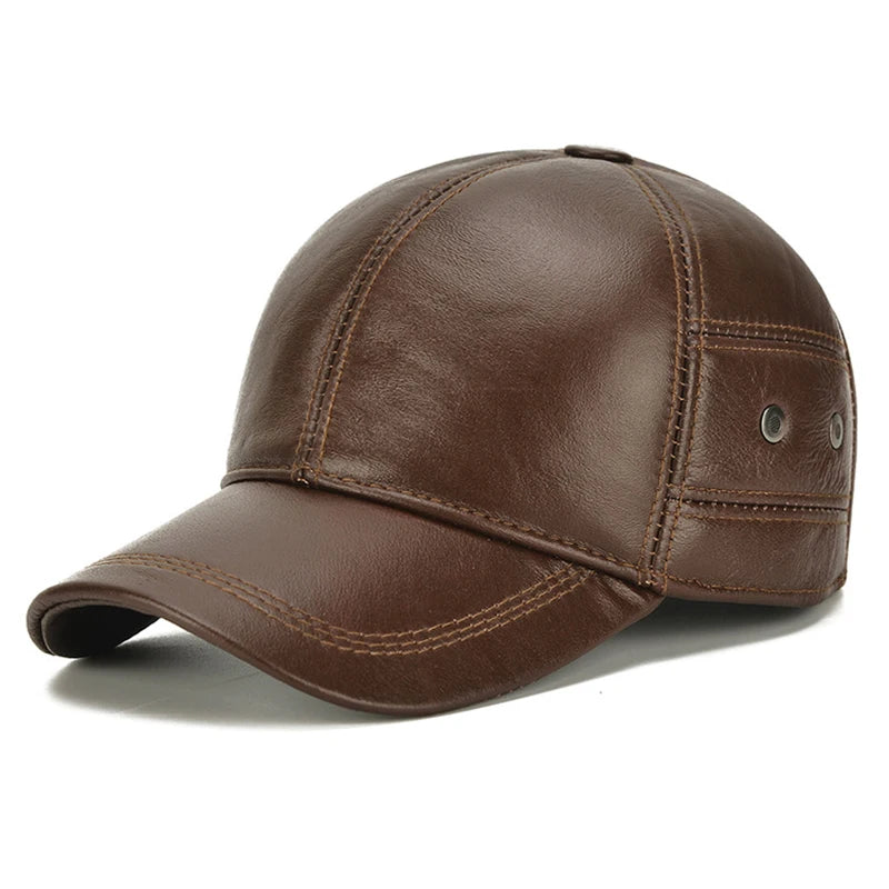 2025 New Style Men Cowhide Hat Winter Warm Outdoor Protect Ear Real Leather Adjustable Baseball Cap Men Real Cowhide Leather Cap