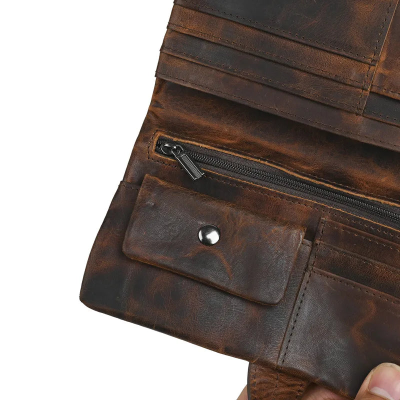 Vintage Genuine Leather Men's Long Wallet Real Cowhide Leather Long Purse Men Women Smooth Skin Leather Card Purse Anti Theft