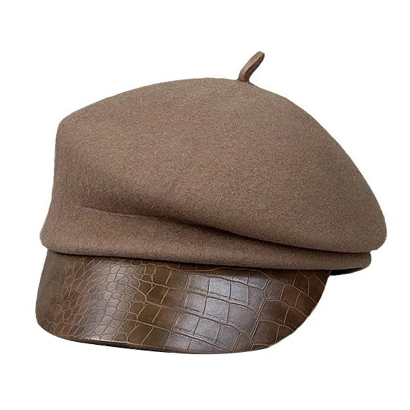 Fashion leather brim wool beret women's autumn/winter Korean style newsboy hat British knight hat duck cap Japanese system