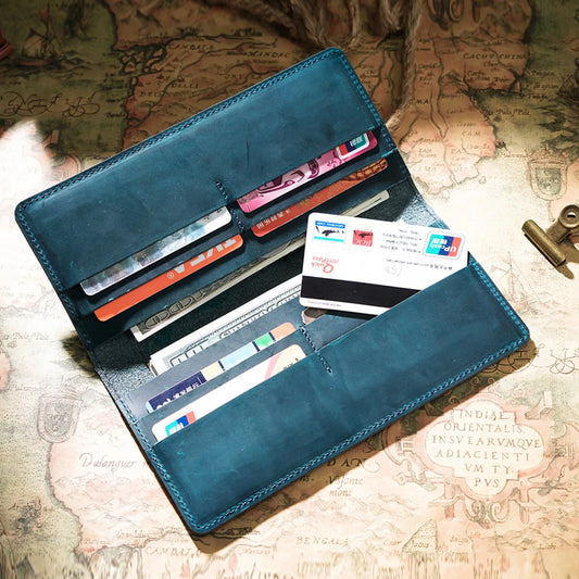 Genuine Leather Men's Long Wallet Handmade Leather Minimalist Bifold Wallet Slim Credit Card Holder Vintage Purse for Women