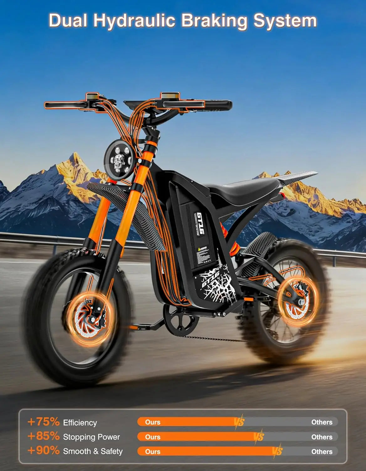 4500W 40MPH 100Mile 48V25Ah 45° Slope Hydraulic Brakes Full Suspension 16in Off Road Electric Dirt Bike, Custom