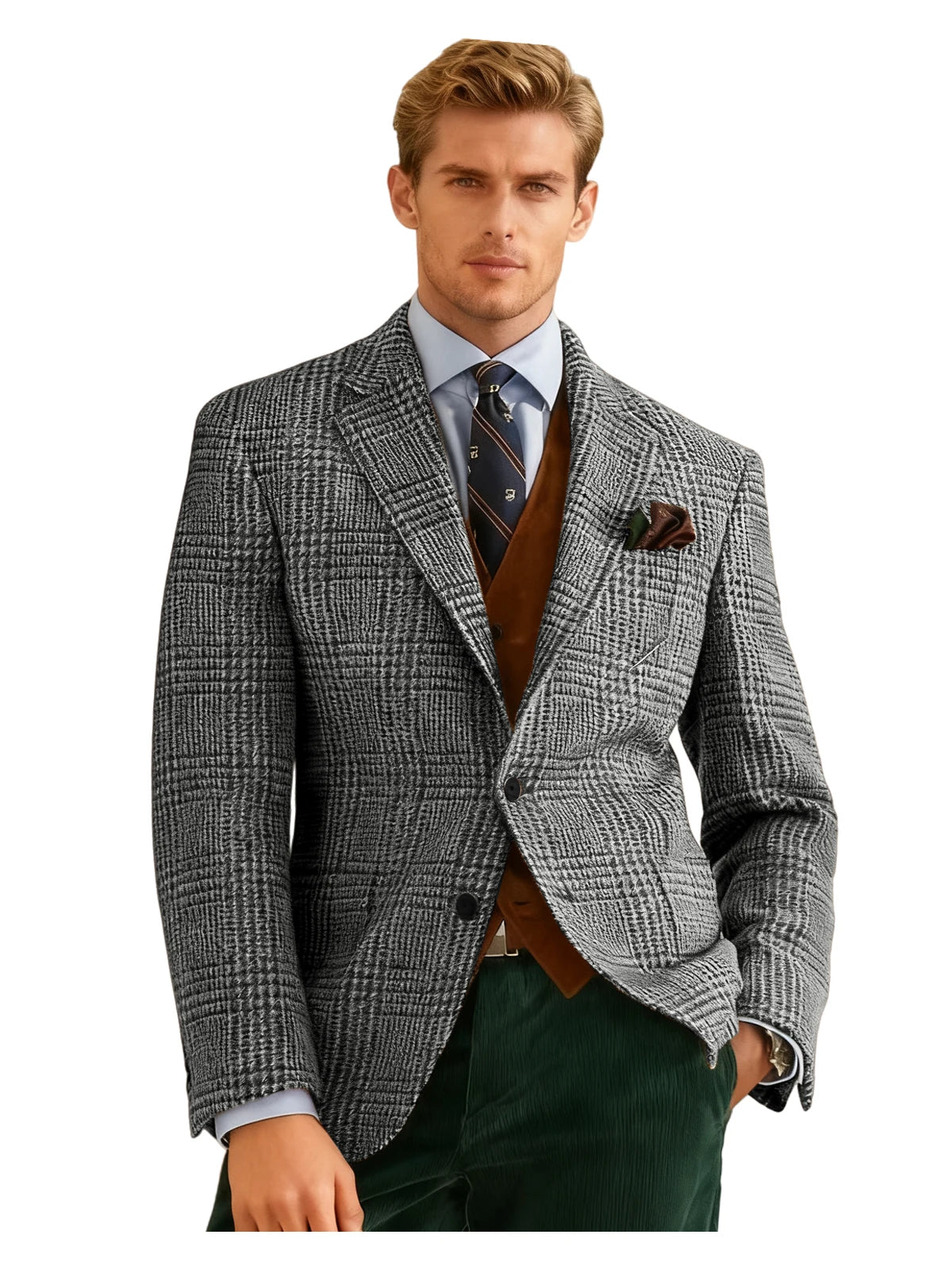 Autumn Winter Men's Suits Jacket Formal Single-Breasted Plaid Blazer Tweed Wear Tuxedos Business Casual Party Men Sport Coats