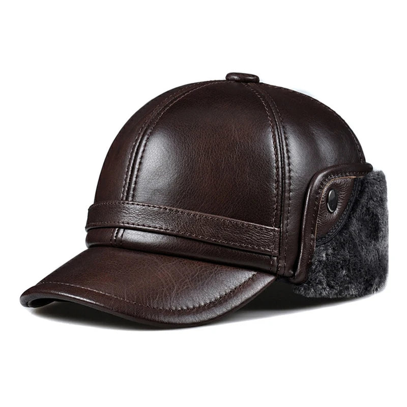 High Quality Genuine Leather Hats Winter First Layer Cowhide Warm Earmuffs Bomber Caps Plus Velvet Thicken Man Bone Caps Dad Hat