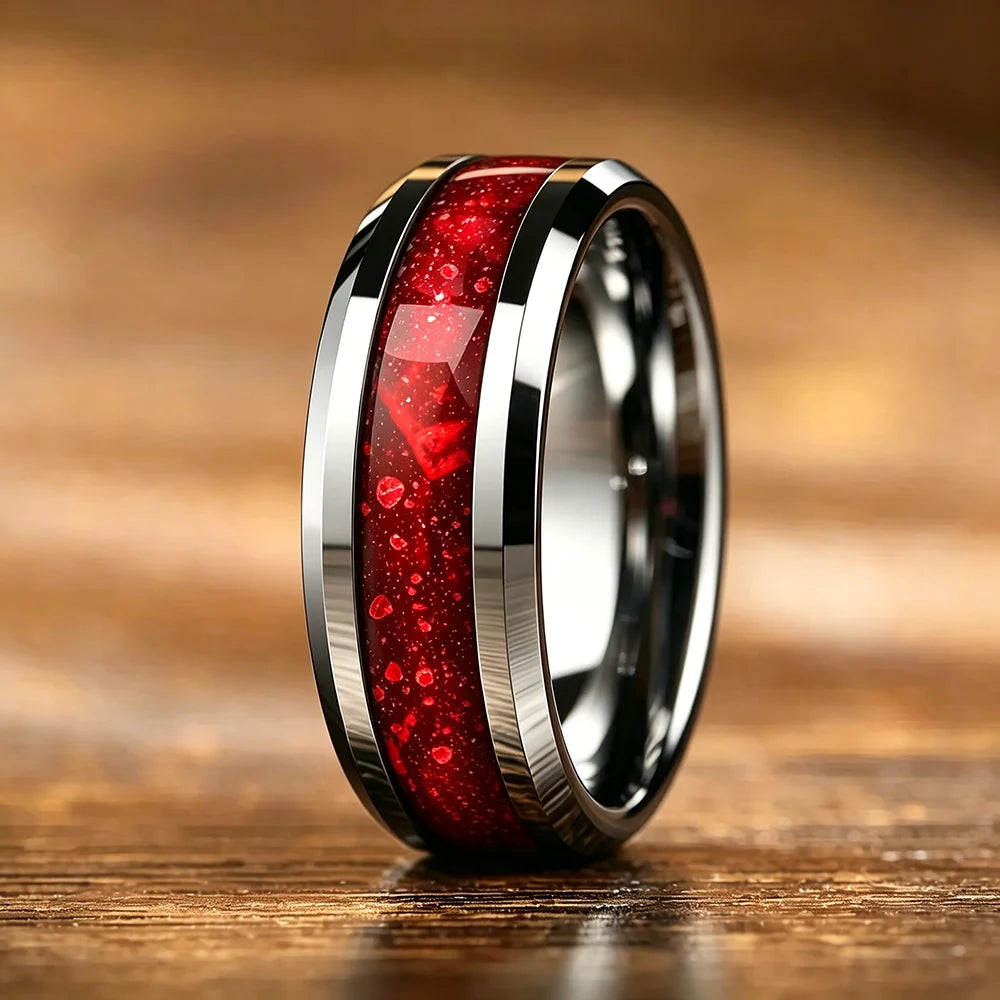 8mm Red Galaxy Nebula Crushed Stone Stainless Steel Ring Promise Wedding Ring for Men & Women, Comfort Fit, Wedding Band Jewelry