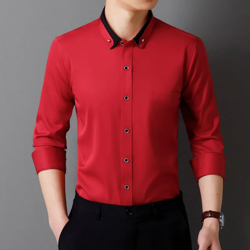 New Men Dress Shirts Long Sleeve Calssic Formal Business Social Solid Color Office Party Slim Fit White-Black-Red-Blue-Purple