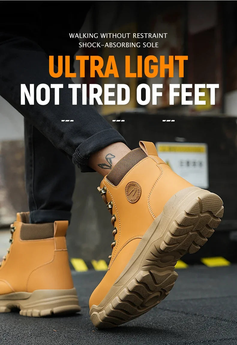 Work Safety Boots for Men, Anti-smash Steel Toe Shoes, Puncture-proof, Indestructible, Waterproof Sneakers Brown Boots