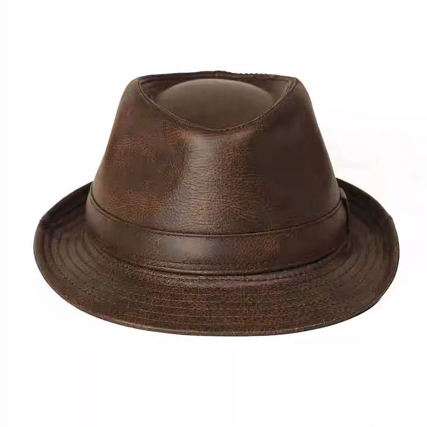 Man High Quality Genuine Leather Jazz Fedora Gentleman Cowhide Short Brim Black/Brown Top Hat Male Shows Topper Color Blocking