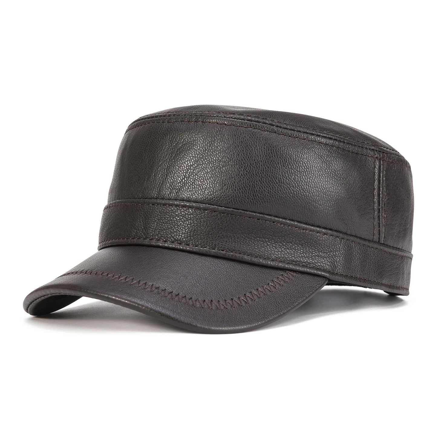 VOBOOM Winter Leather Cadet Army Cap Cabbies Adjustable Soft Flat Top Military Style Hat for Men