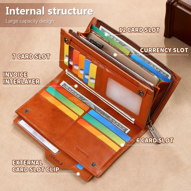 New Men's Genuine Leather Wallet Long Cowhide Handbag Travel Lightweight Minimalist Large Capacity Anti-Theft Gradient Yellow Br