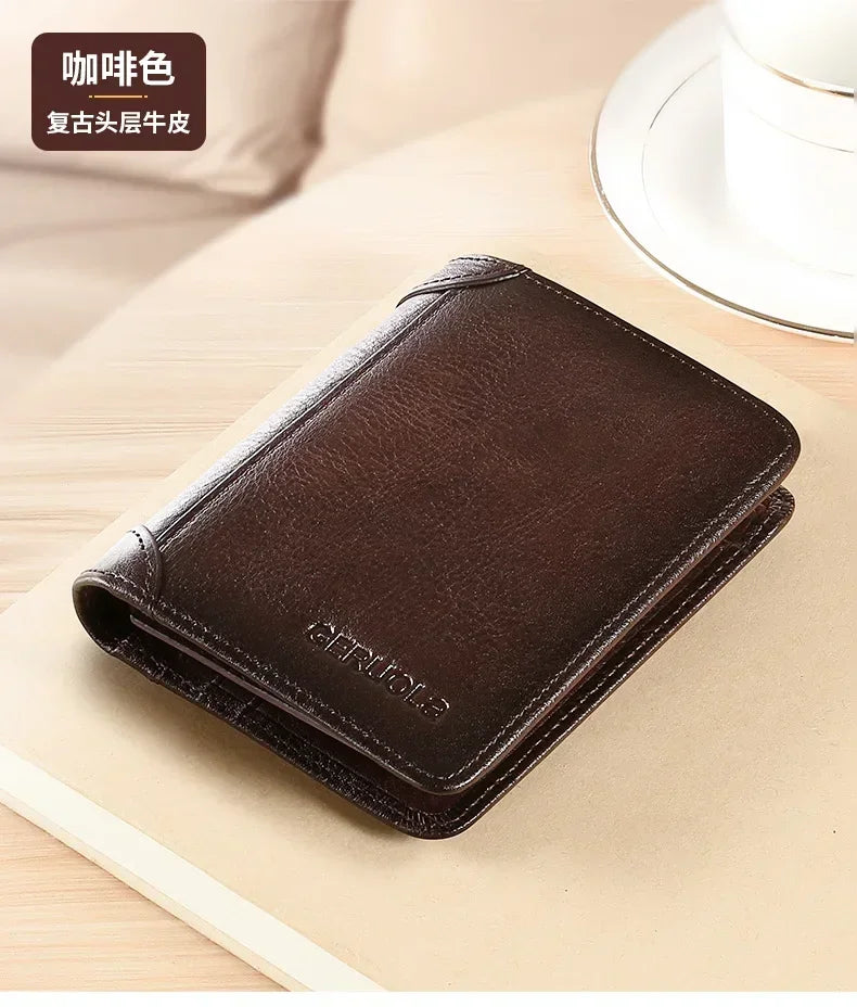 Men Wallet Genuine Leather Rfid Blocking Trifold Wallet Vintage Thin Short Multi Function ID Credit Card Holder Male Purse Money