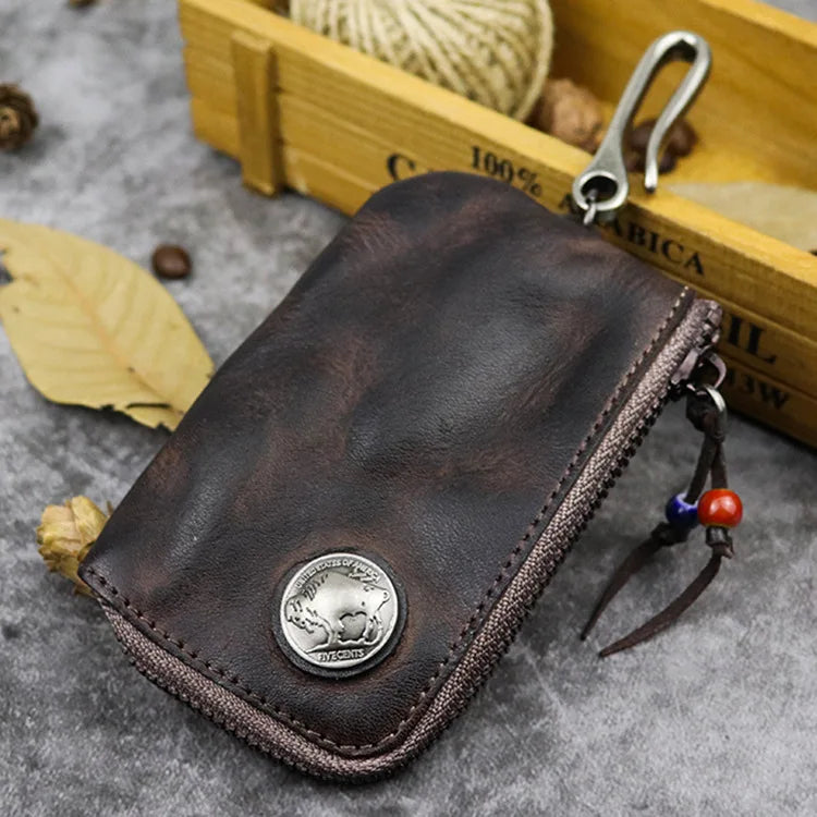 Natural Leather Key Wallet for Men Short Zipper Car Key Holder Real Leather Coin Purse Card Case Bag Keys Organizer Housekeeper