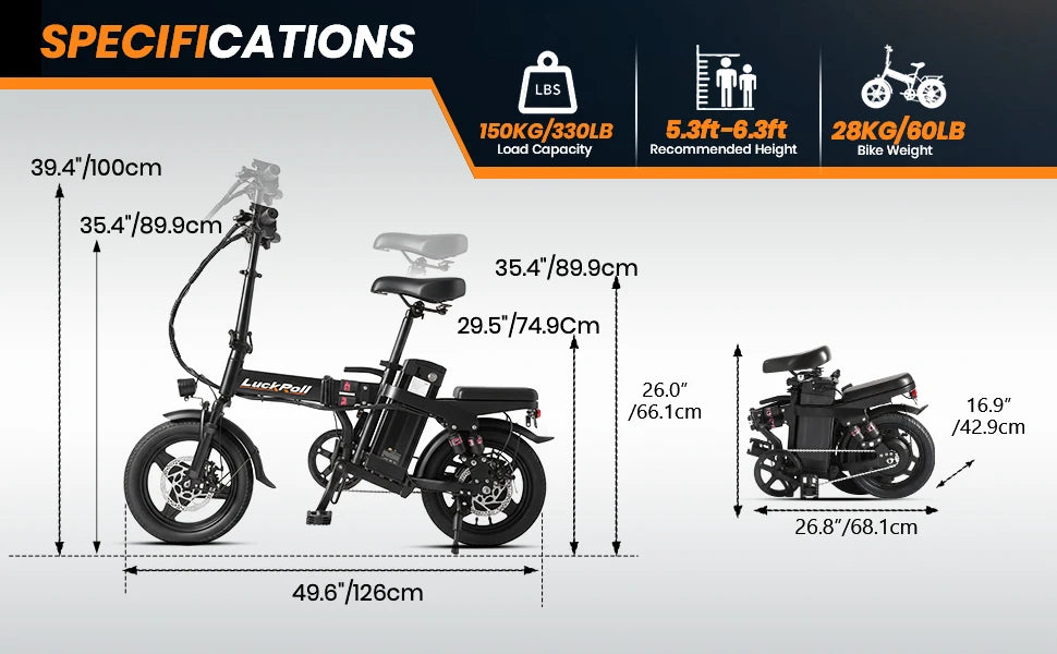 750W/1500w Adult Electric Bike, 20 MPH, 48V 10.4Ah/52V 25Ah Removable Battery, 14 Inch Folding Electric Bike, Dual Disc Brake