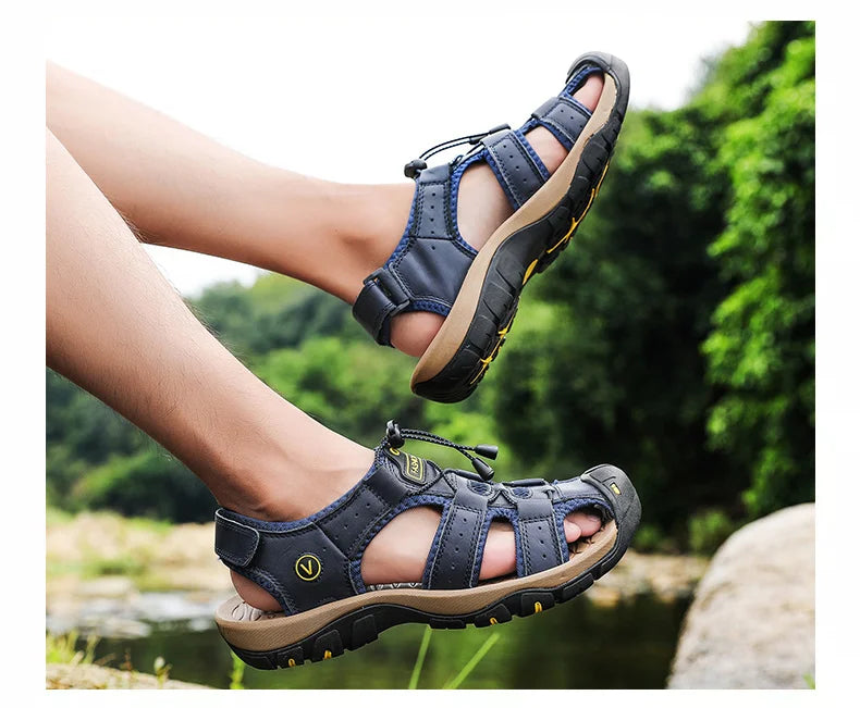 Summer Men Sandals Genuine Leather Mens Casual Shoes Outdoor Men Leather Sandals for Men Beach Shoes Roman Shoes Plus Size 38-48