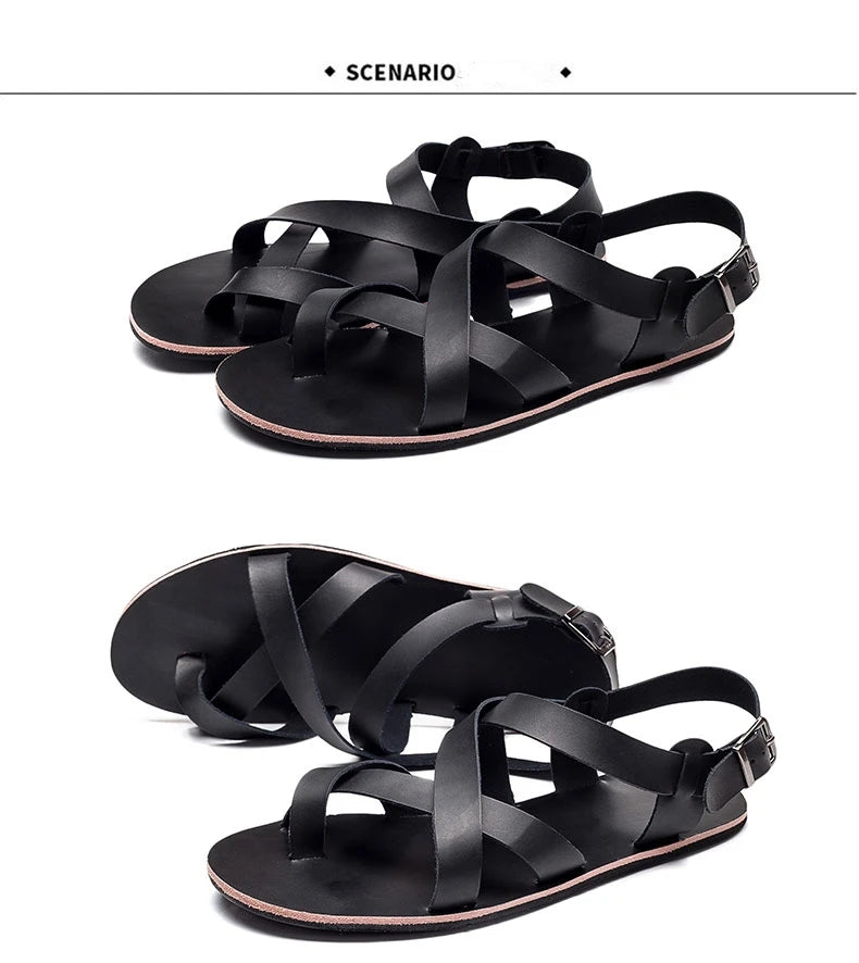 New Summer Sandals Men Open Toe Genuine Leather Sandals Hollow-out Retro Handmade Comfortable Breathable Outdoor Beach Shoes